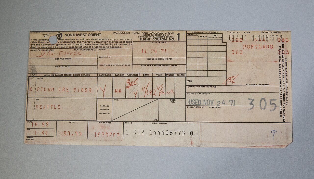 The Northwest Orient Airlines ticket bought in the name Dan Cooper, photographed by the FBI