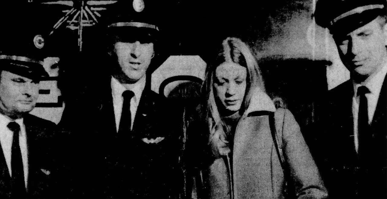 The four crew members of Northwest Orient Flight 305 standing together at Reno airport after the hijacking