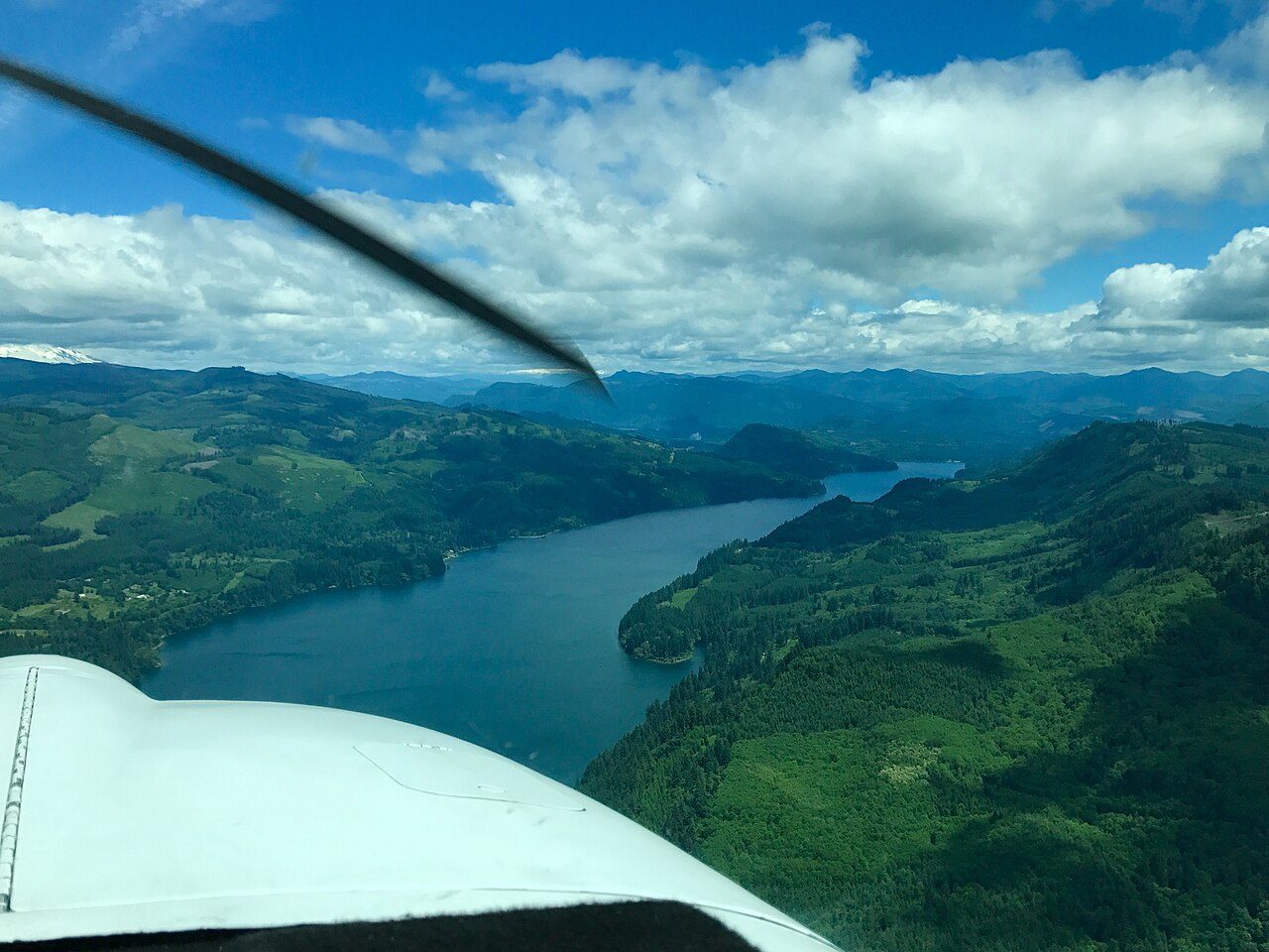 Aerial photograph of Lake Merwin, a long reservoir among forested hills in southwest Washington