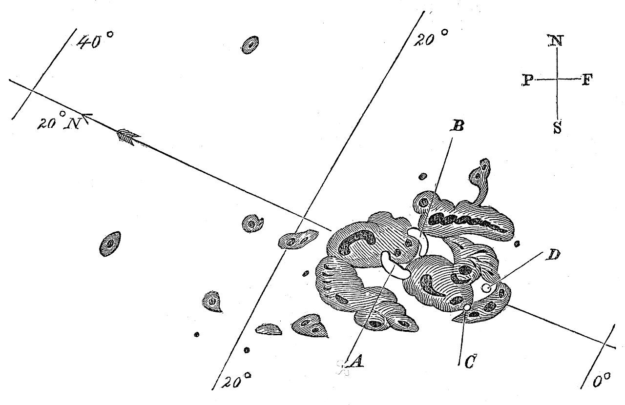 Carrington's 1859 sketch of a large group of dark sunspots, with small lettered marks where the flare appeared