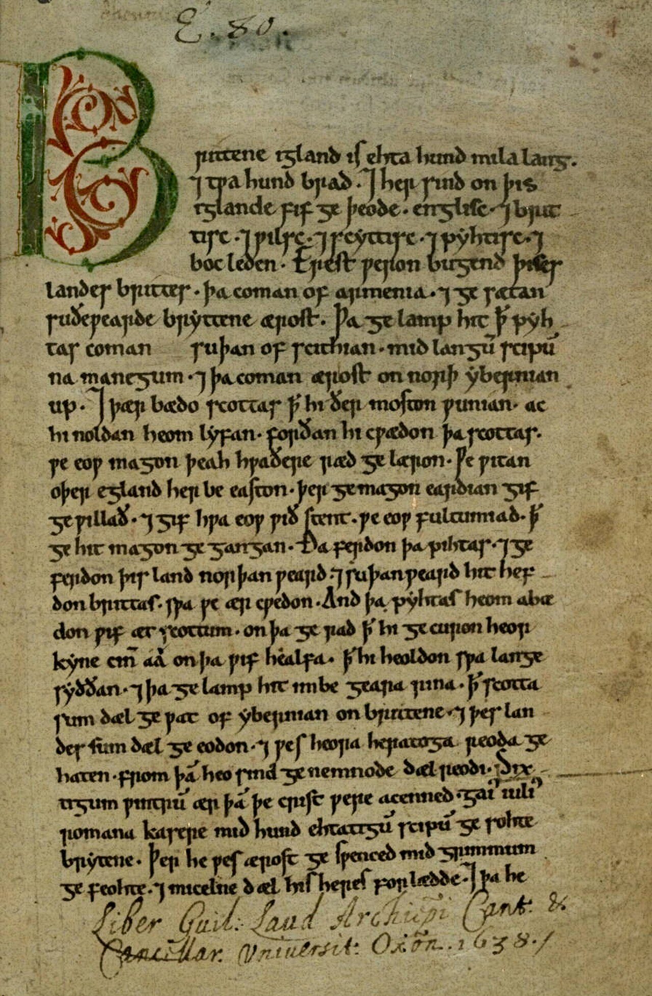 A handwritten medieval page in Old English, the opening of the Peterborough Chronicle