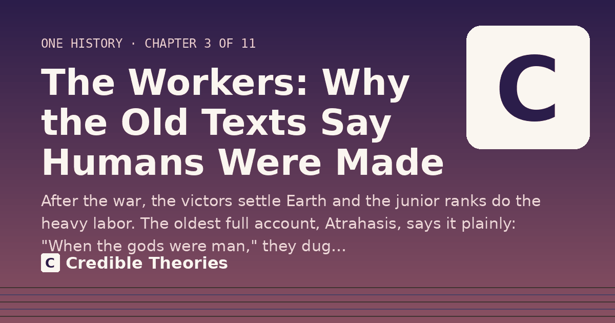 Title card: The Workers: Why the Old Texts Say Humans Were Made, from Credible Theories