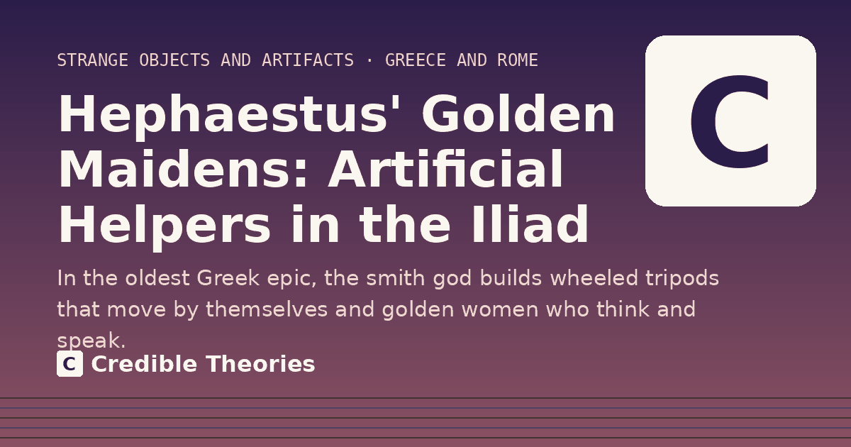 Title card: Hephaestus' Golden Maidens, Artificial Helpers in the Iliad, from Credible Theories