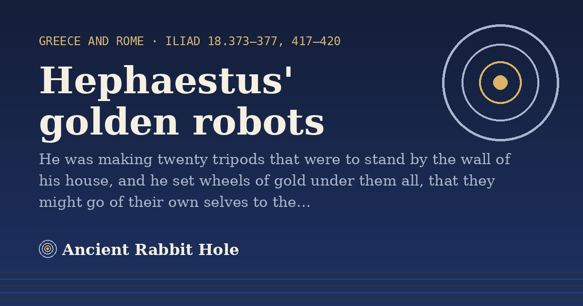 Hephaestus' golden robots: He was making twenty tripods that were to stand by the wall of his house, and he set wheels of gold under…