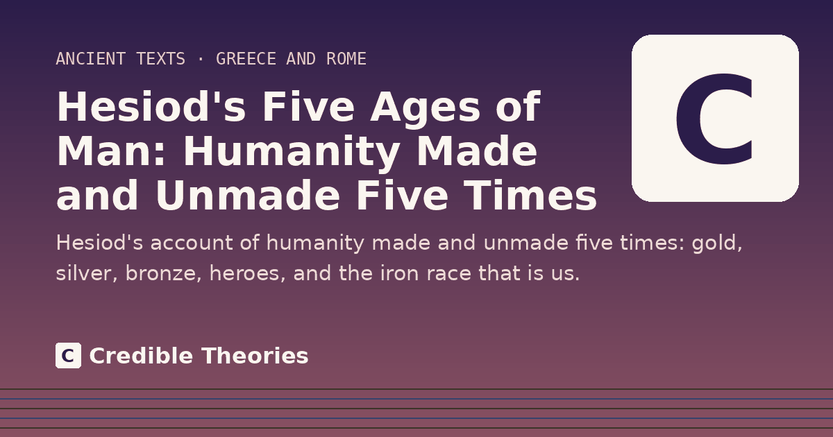 Title card: Hesiod's Five Ages of Man, Humanity Made and Unmade Five Times, from Credible Theories