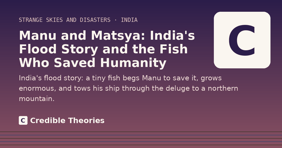 Title card: Manu and Matsya, India's Flood Story and the Fish Who Saved Humanity, from Credible Theories