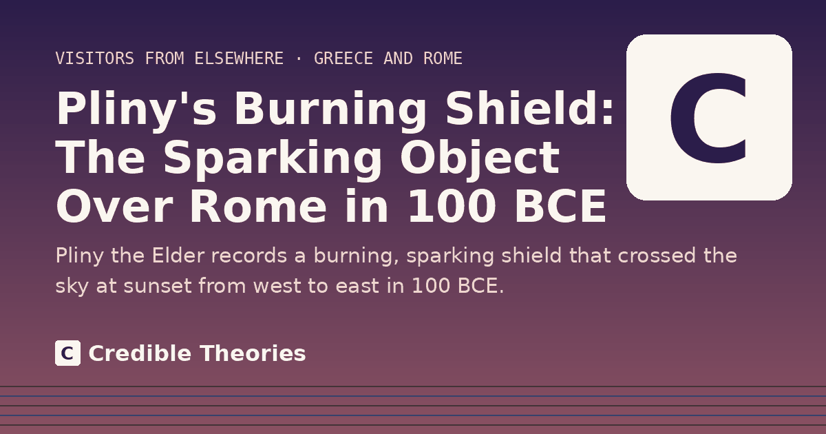 Title card: Pliny's Burning Shield, The Sparking Object Over Rome in 100 BCE, from Credible Theories