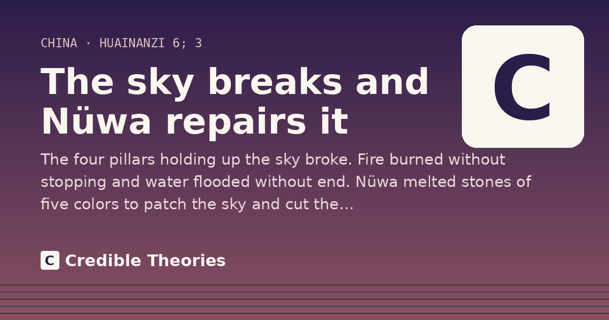 The sky breaks and Nüwa repairs it: The four pillars holding up the sky broke. Fire burned without stopping and water flooded without end. Nüwa…